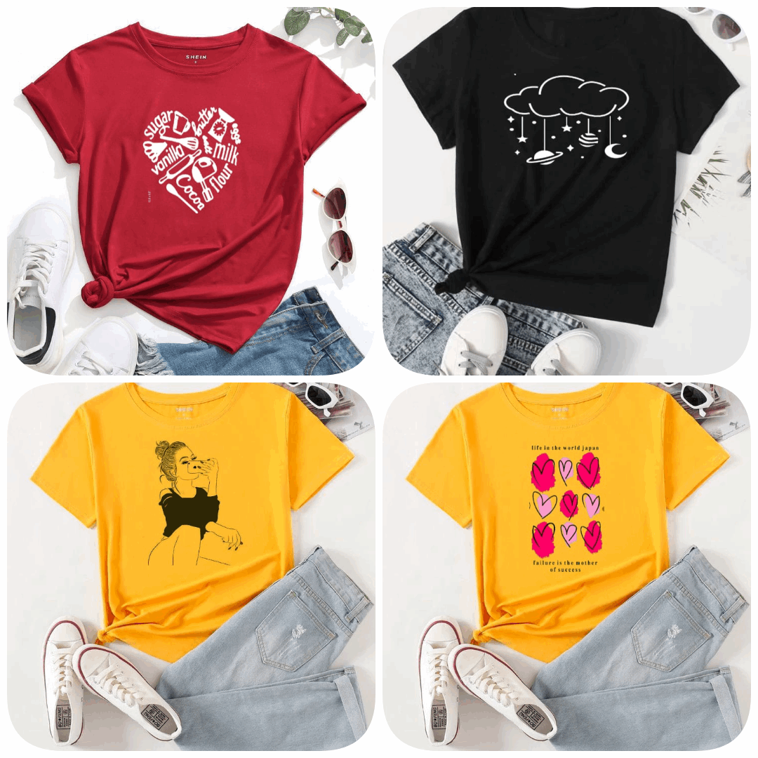 Pack of 4 Trendy Graphic Printed T-Shirts for Women – Stylish & Comfortable Summer Wear - 73662