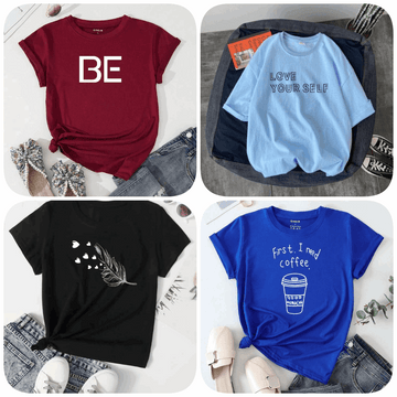 Pack of 4 Trendy Graphic Printed T-Shirts for Women – Stylish & Comfortable Summer Wear - 73658