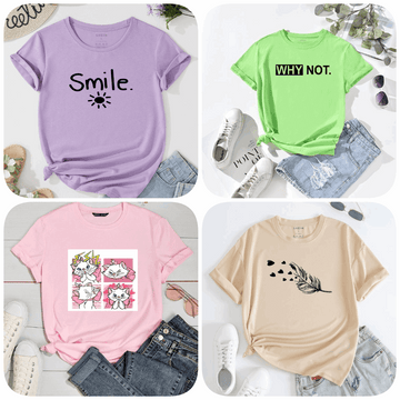 Pack of 4 Trendy Graphic Printed T-Shirts for Women – Stylish & Comfortable Summer Wear - 73657