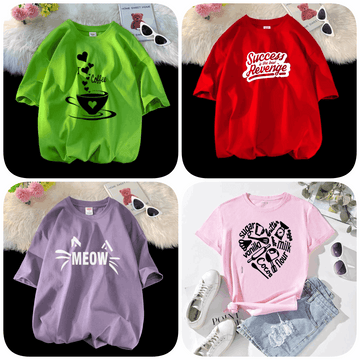 Pack of 4 Trendy Graphic Printed T-Shirts for Women – Stylish & Comfortable Summer Wear - 73656