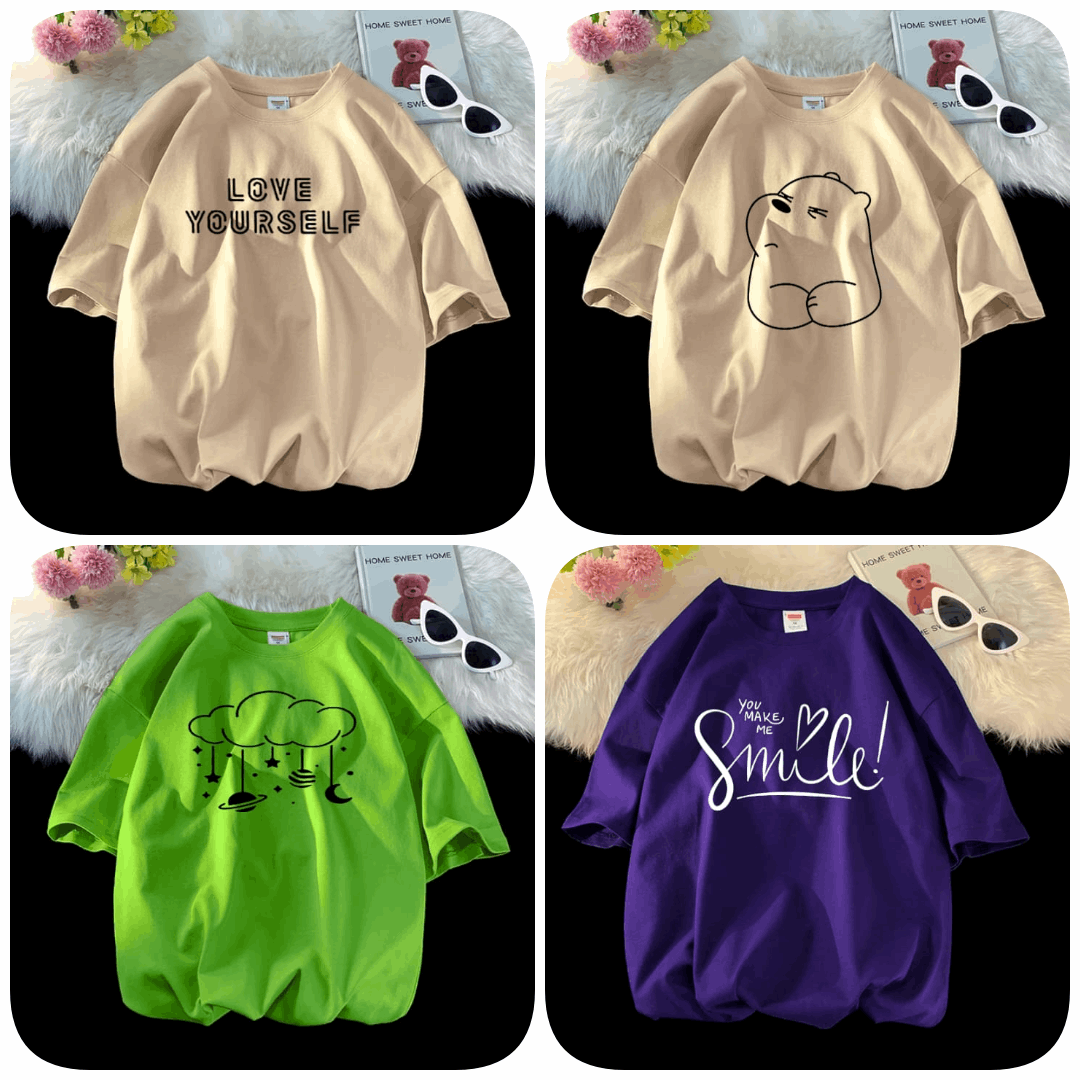 Pack of 4 Trendy Graphic Printed T-Shirts for Women – Stylish & Comfortable Summer Wear - 73654