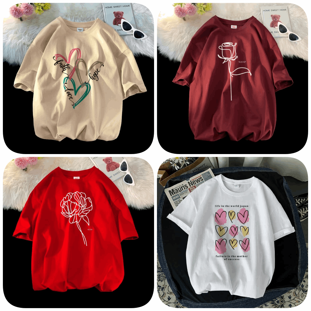 Pack of 4 Trendy Graphic Printed T-Shirts for Women – Stylish & Comfortable Summer Wear - 73651