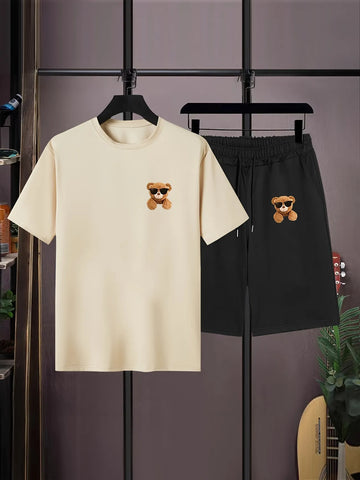 Mens Summer Shorts + T-Shirt Set - SS166 - Cream Black