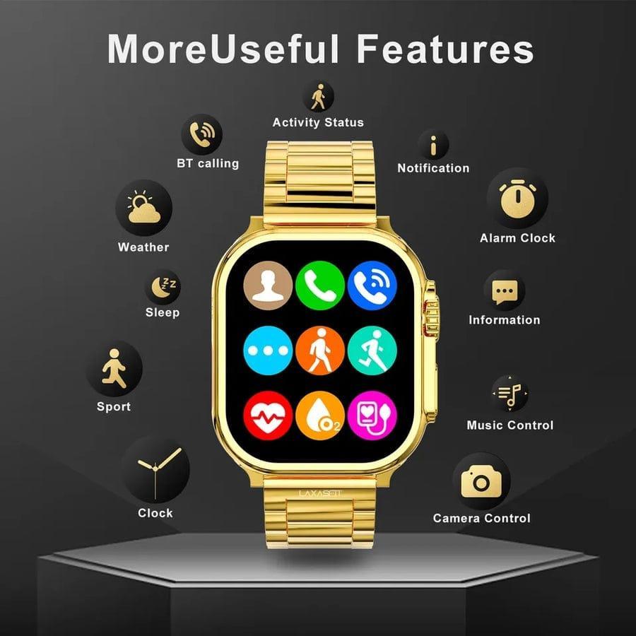 Luxury Smart Watch with Bluetooth Calling, Voice Recording, Health Tracking & Gold Metal Strap – Unisex Stylish Touch Screen Watch for Android & iOS