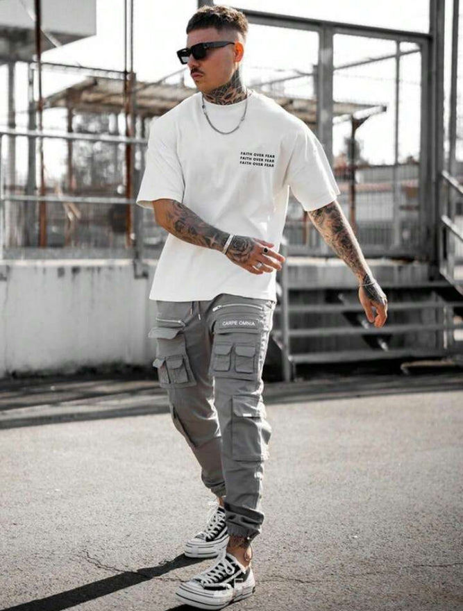 Men's Faith Over Fear Letter Printed Round Neck Drop Shoulder.