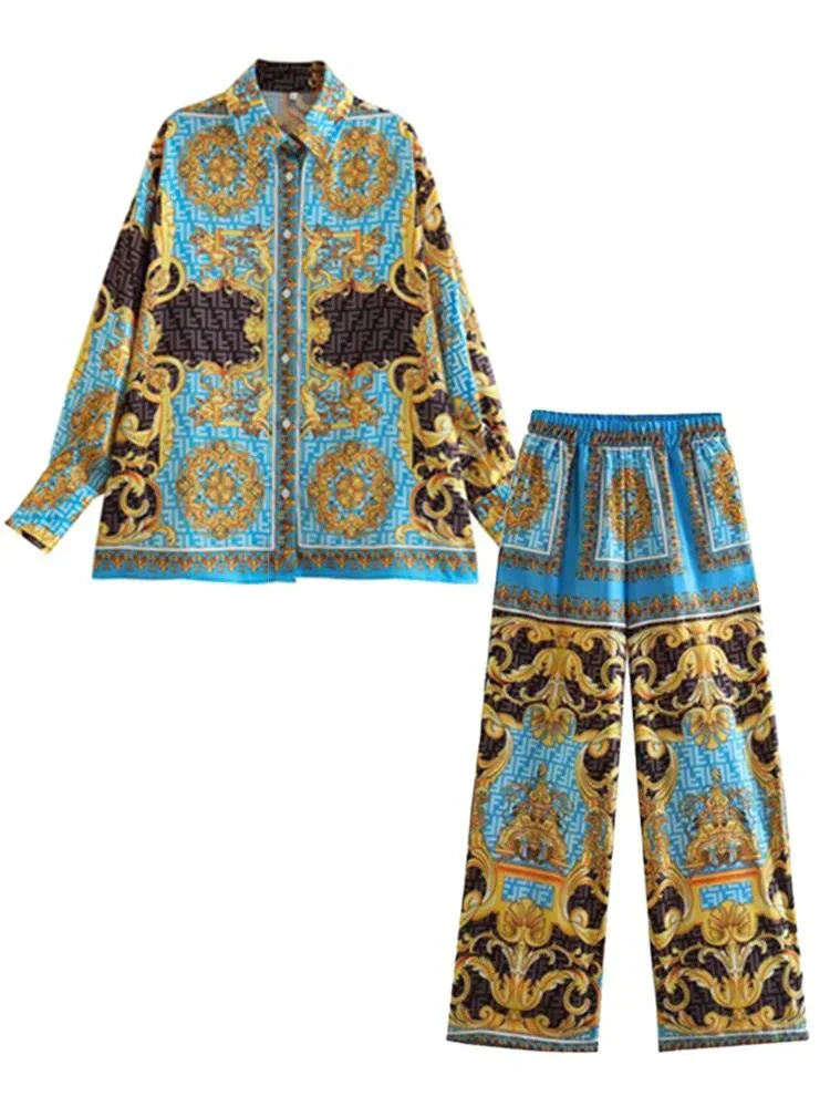 Fashion Print Elegant Women's Set Elastic Waist Straight 2 Piece Pajamas Set Casual Chic Youth Vacation Home Suit