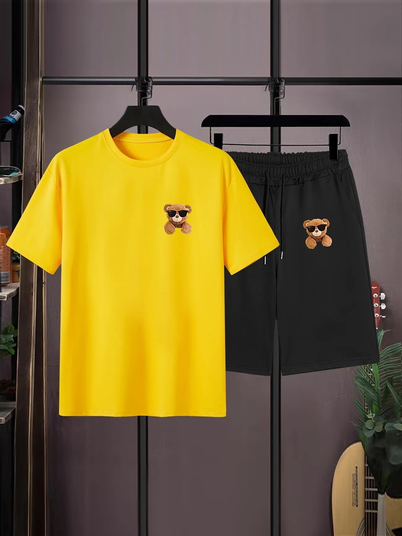 Mens Summer Shorts + T-Shirt Set - SS166 - Yellow Black