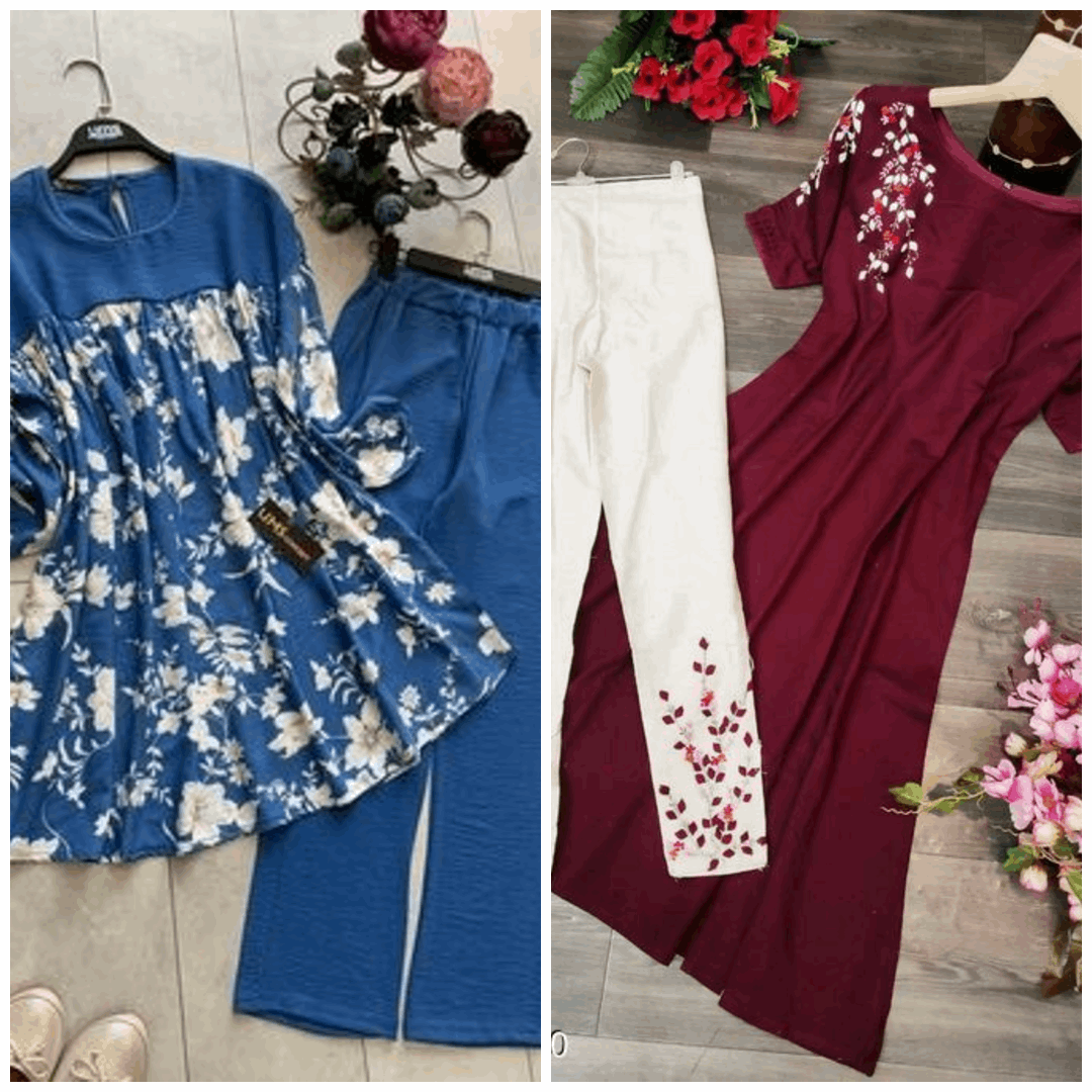 Chic Pack of 2 Women's Casual Summer Suit Set – Premium Stitched Kurti & Trousers | 50% Off Summer Sale | Item No. 986488