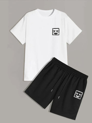 Mens Summer Shorts + T-Shirt Set - SS49 - White Black