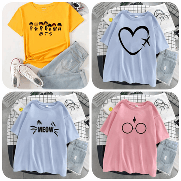 Pack of 4 Trendy Graphic Printed T-Shirts for Women – Stylish & Comfortable Summer Wear - 73664