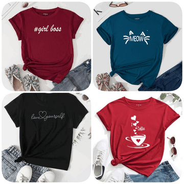Pack of 4 Trendy Graphic Printed T-Shirts for Women – Stylish & Comfortable Summer Wear - 73659