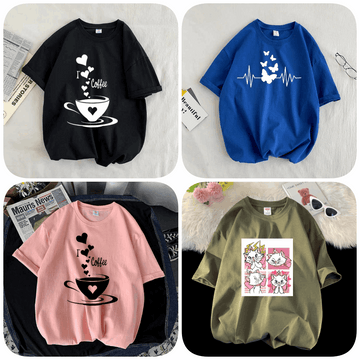 Pack of 4 Trendy Graphic Printed T-Shirts for Women – Stylish & Comfortable Summer Wear - 73655