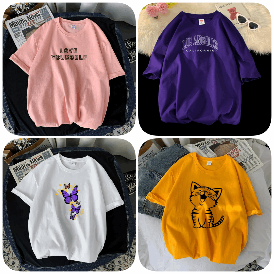 Pack of 4 Trendy Graphic Printed T-Shirts for Women – Stylish & Comfortable Summer Wear - 73650