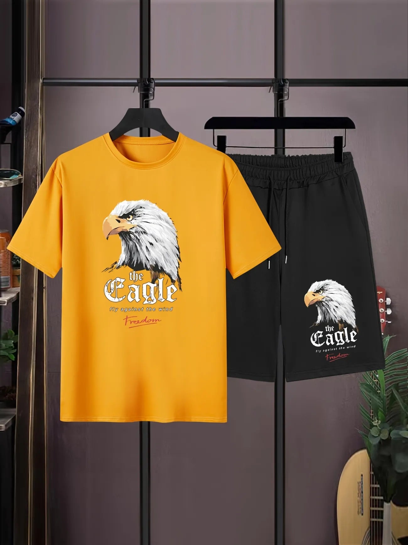 Mens Summer Shorts + T-Shirt Set - SS168 - Orange Black