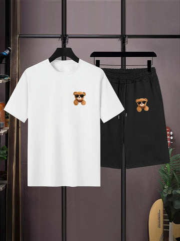 Mens Summer Shorts + T-Shirt Set - SS166 - White Black