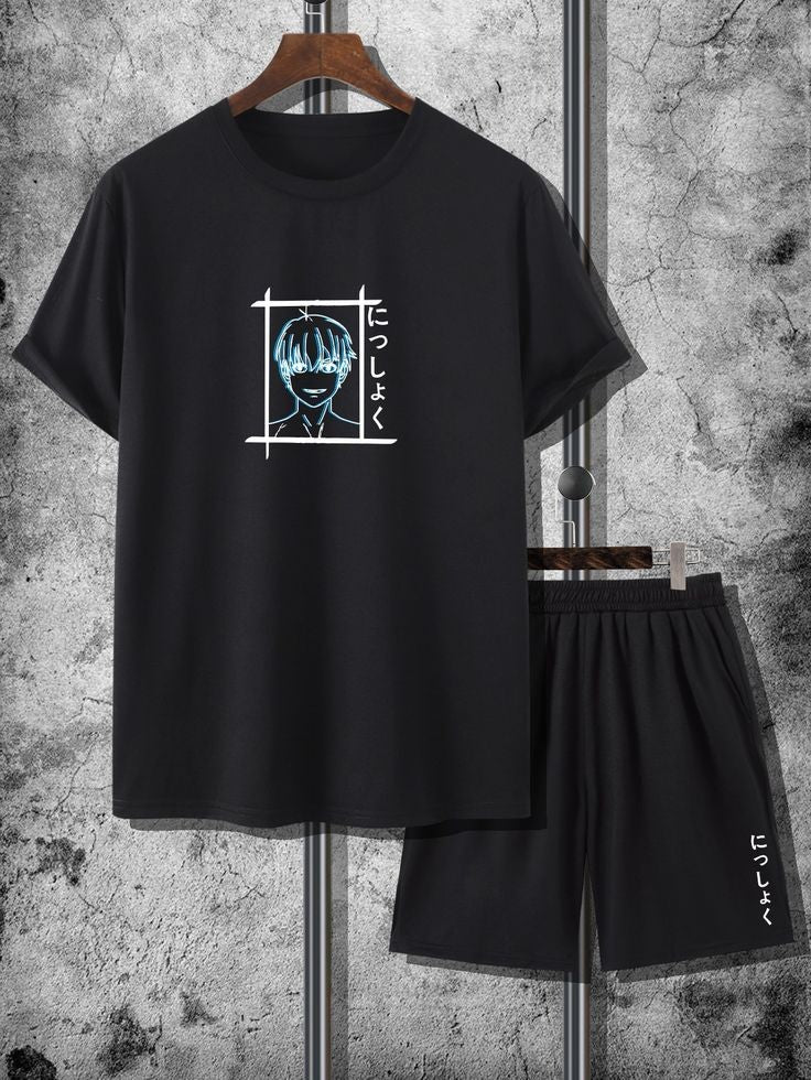 Mens Summer Shorts + T-Shirt Set - SS58 - Black Black