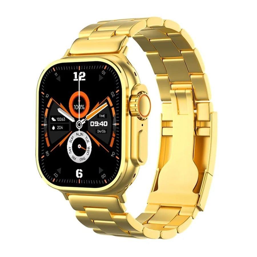 Luxury Smart Watch with Bluetooth Calling, Voice Recording, Health Tracking & Gold Metal Strap – Unisex Stylish Touch Screen Watch for Android & iOS