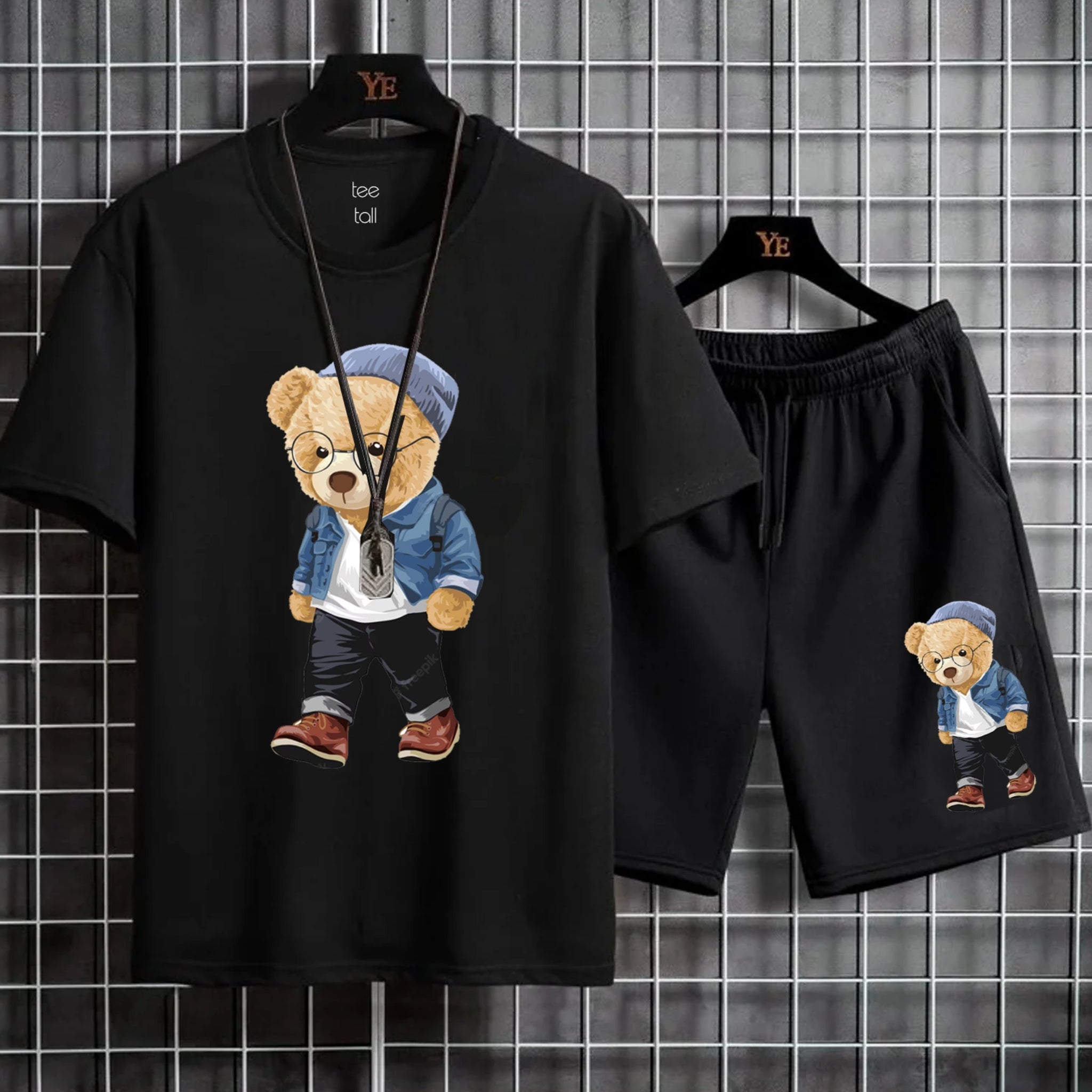 Mens Summer Shorts + T-Shirt Set - TTMSS81 - Black Black