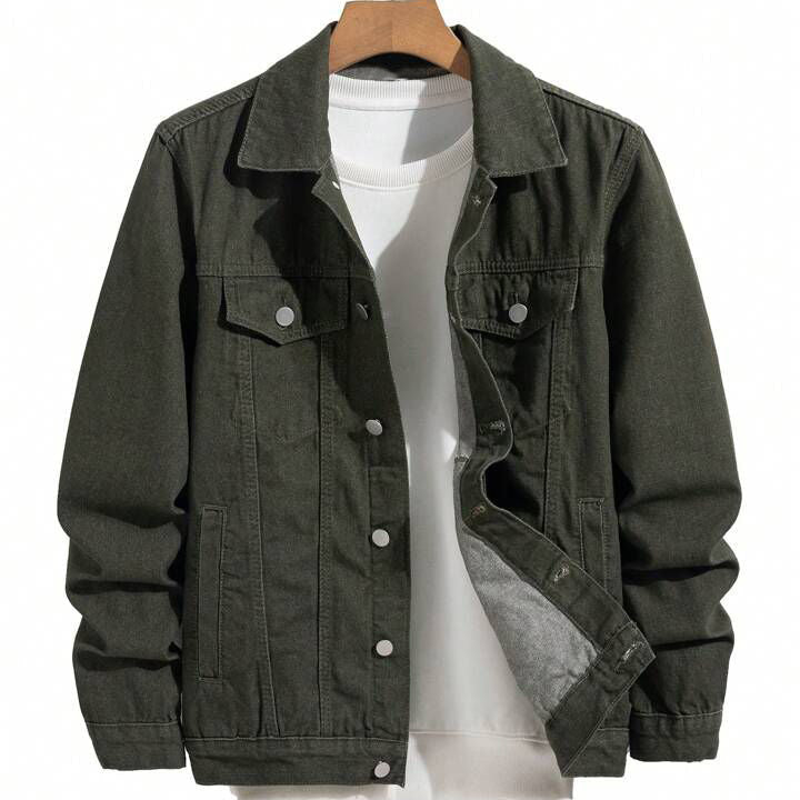 Men's Hypemode Loose Casual Long Sleeve Army Green Denim Jacket