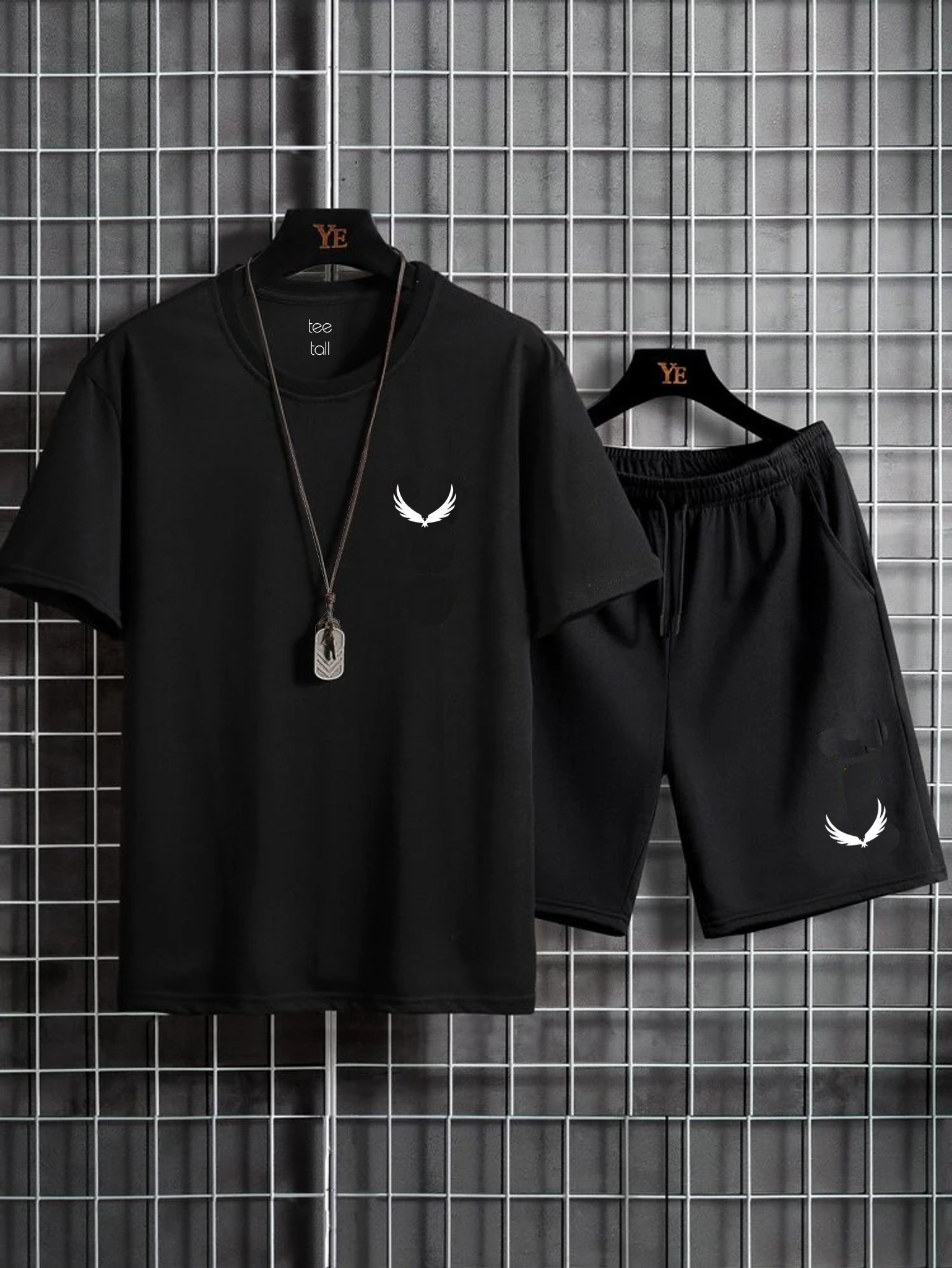 Mens Summer Shorts + T-Shirt Set - SS7 - Black Black